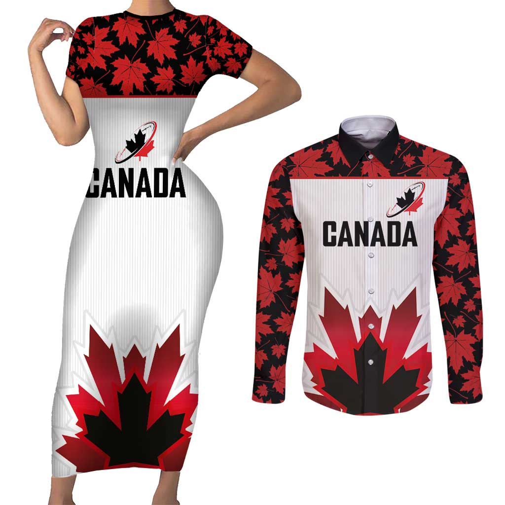 Custom Canadian Rugby Couples Matching Short Sleeve Bodycon Dress and Long Sleeve Button Shirt Maple Leaves Sporty Art Style White Color - Wonder Print Shop