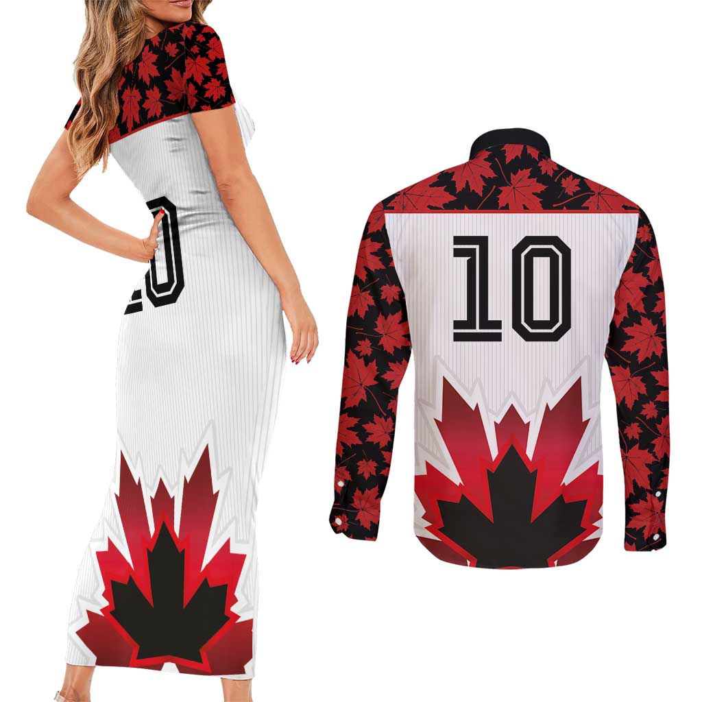 Custom Canadian Rugby Couples Matching Short Sleeve Bodycon Dress and Long Sleeve Button Shirt Maple Leaves Sporty Art Style White Color - Wonder Print Shop