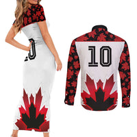 Custom Canadian Rugby Couples Matching Short Sleeve Bodycon Dress and Long Sleeve Button Shirt Maple Leaves Sporty Art Style White Color - Wonder Print Shop