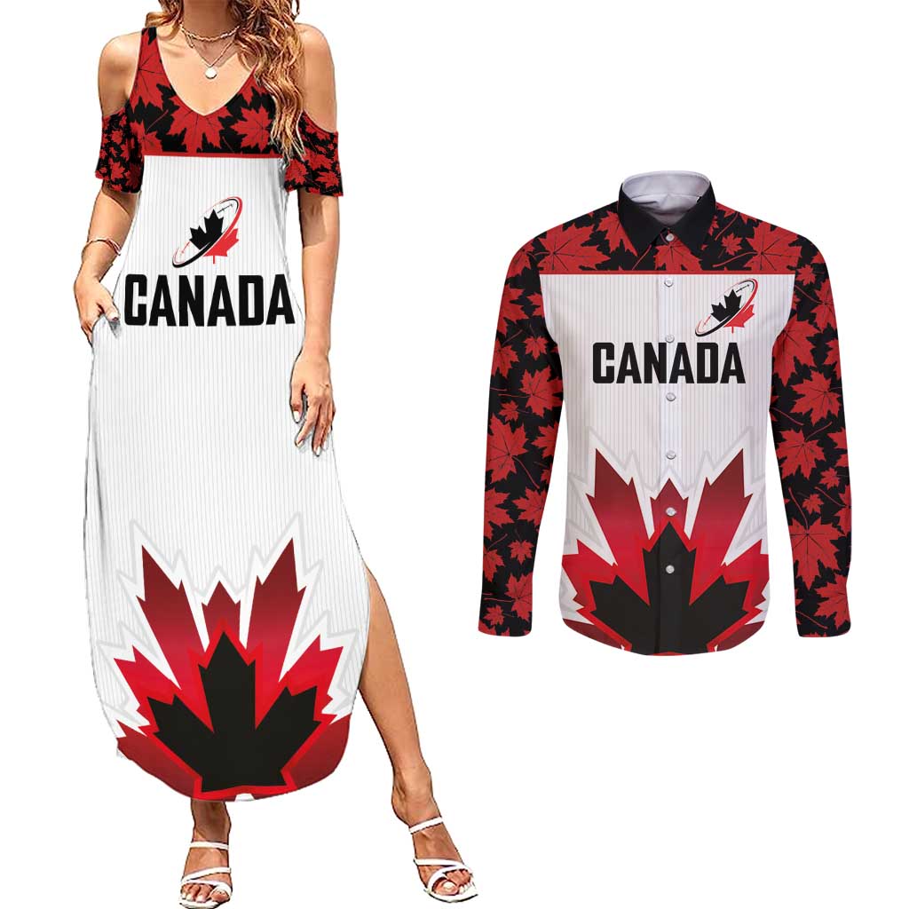 Custom Canadian Rugby Couples Matching Summer Maxi Dress and Long Sleeve Button Shirt Maple Leaves Sporty Art Style White Color - Wonder Print Shop