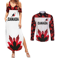 Custom Canadian Rugby Couples Matching Summer Maxi Dress and Long Sleeve Button Shirt Maple Leaves Sporty Art Style White Color - Wonder Print Shop