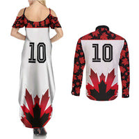 Custom Canadian Rugby Couples Matching Summer Maxi Dress and Long Sleeve Button Shirt Maple Leaves Sporty Art Style White Color - Wonder Print Shop