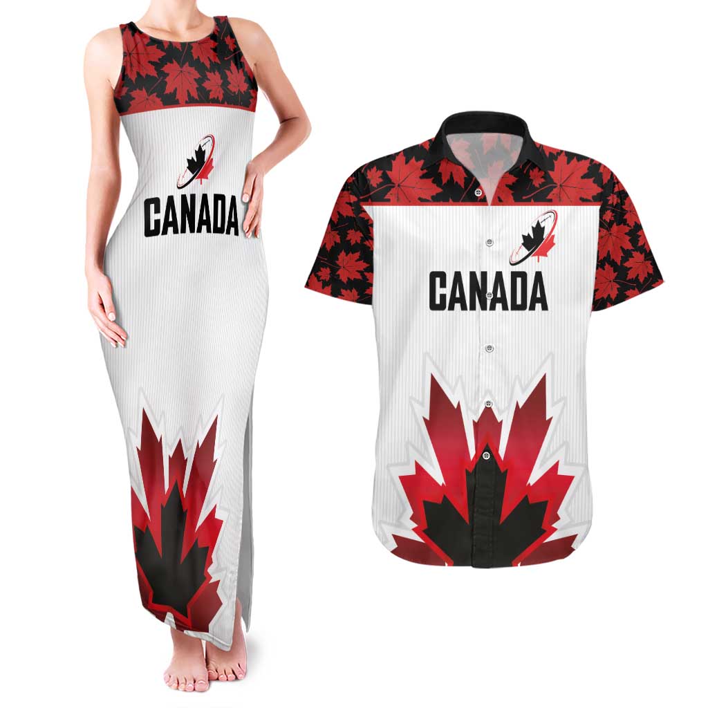Custom Canadian Rugby Couples Matching Tank Maxi Dress and Hawaiian Shirt Maple Leaves Sporty Art Style White Color - Wonder Print Shop