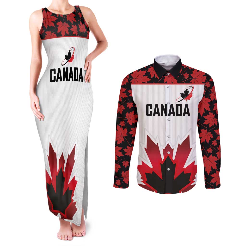 Custom Canadian Rugby Couples Matching Tank Maxi Dress and Long Sleeve Button Shirt Maple Leaves Sporty Art Style White Color - Wonder Print Shop