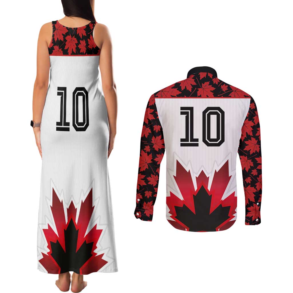 Custom Canadian Rugby Couples Matching Tank Maxi Dress and Long Sleeve Button Shirt Maple Leaves Sporty Art Style White Color - Wonder Print Shop