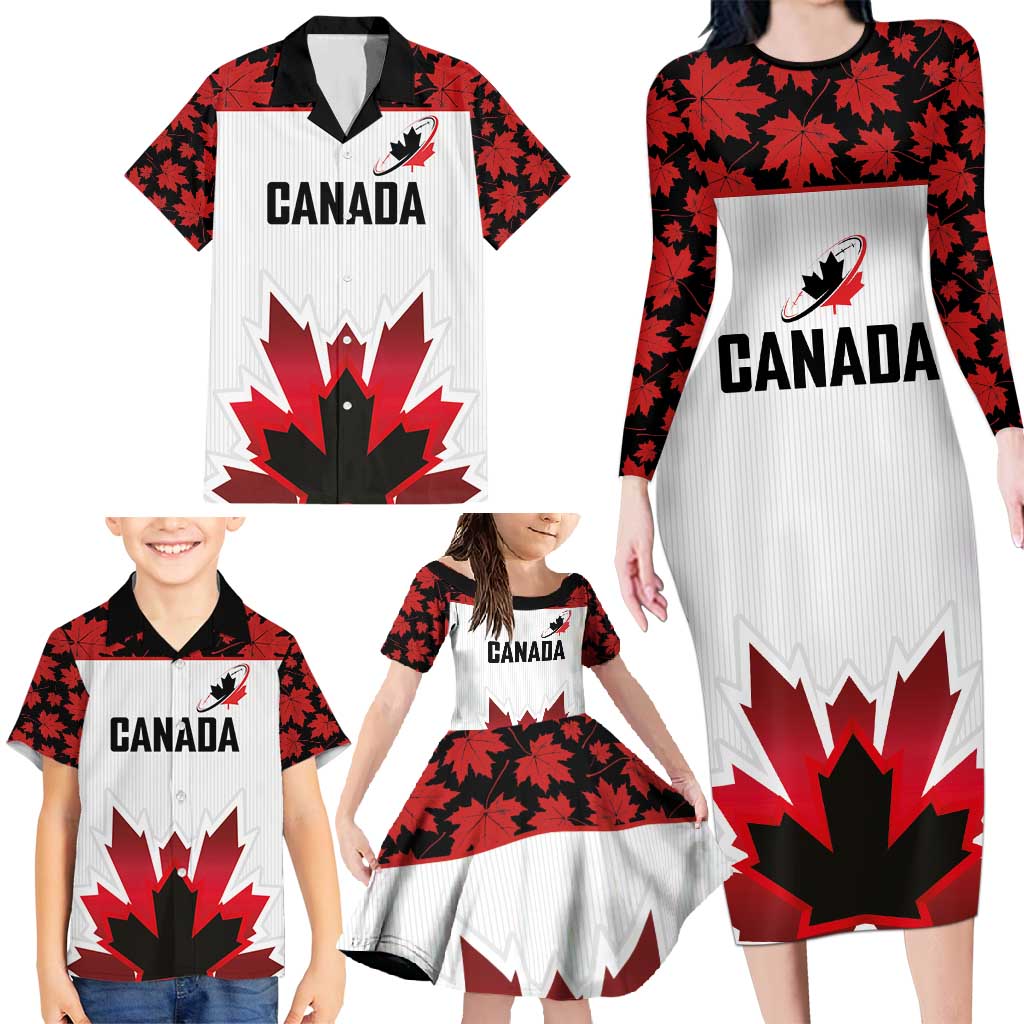Custom Canadian Rugby Family Matching Long Sleeve Bodycon Dress and Hawaiian Shirt Maple Leaves Sporty Art Style White Color - Wonder Print Shop
