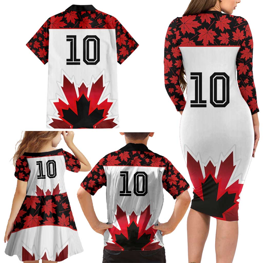 Custom Canadian Rugby Family Matching Long Sleeve Bodycon Dress and Hawaiian Shirt Maple Leaves Sporty Art Style White Color - Wonder Print Shop