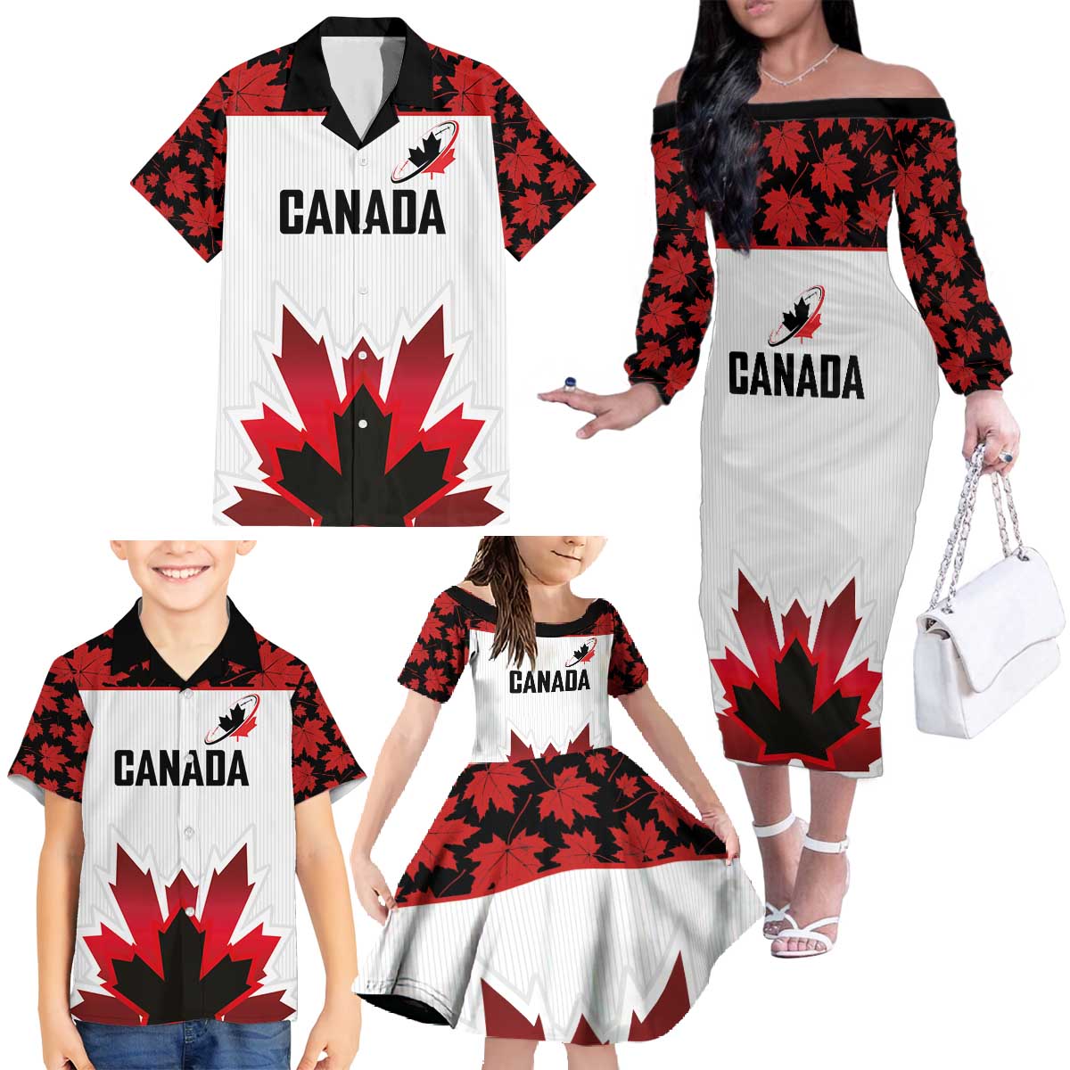 Custom Canadian Rugby Family Matching Off The Shoulder Long Sleeve Dress and Hawaiian Shirt Maple Leaves Sporty Art Style White Color - Wonder Print Shop