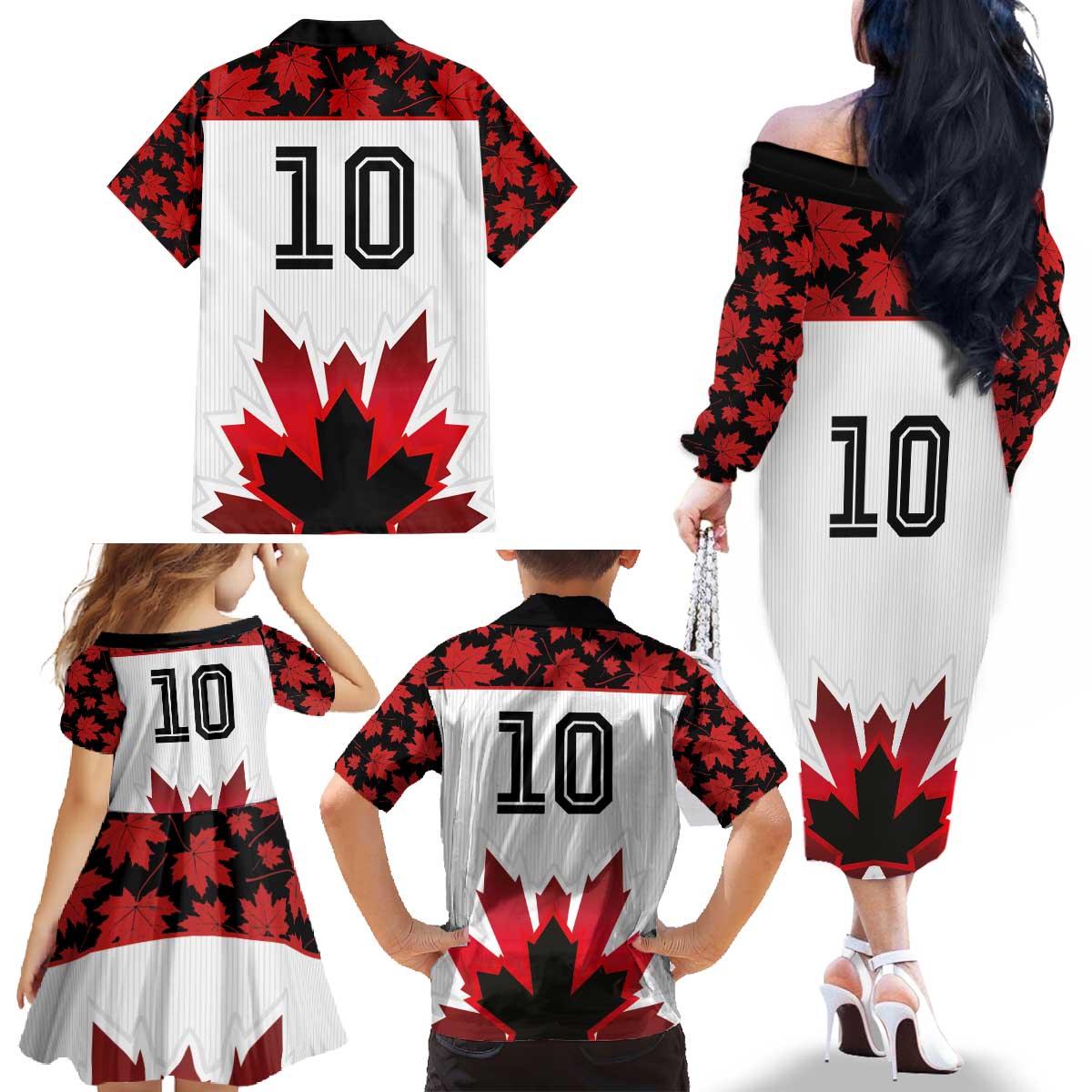 Custom Canadian Rugby Family Matching Off The Shoulder Long Sleeve Dress and Hawaiian Shirt Maple Leaves Sporty Art Style White Color - Wonder Print Shop