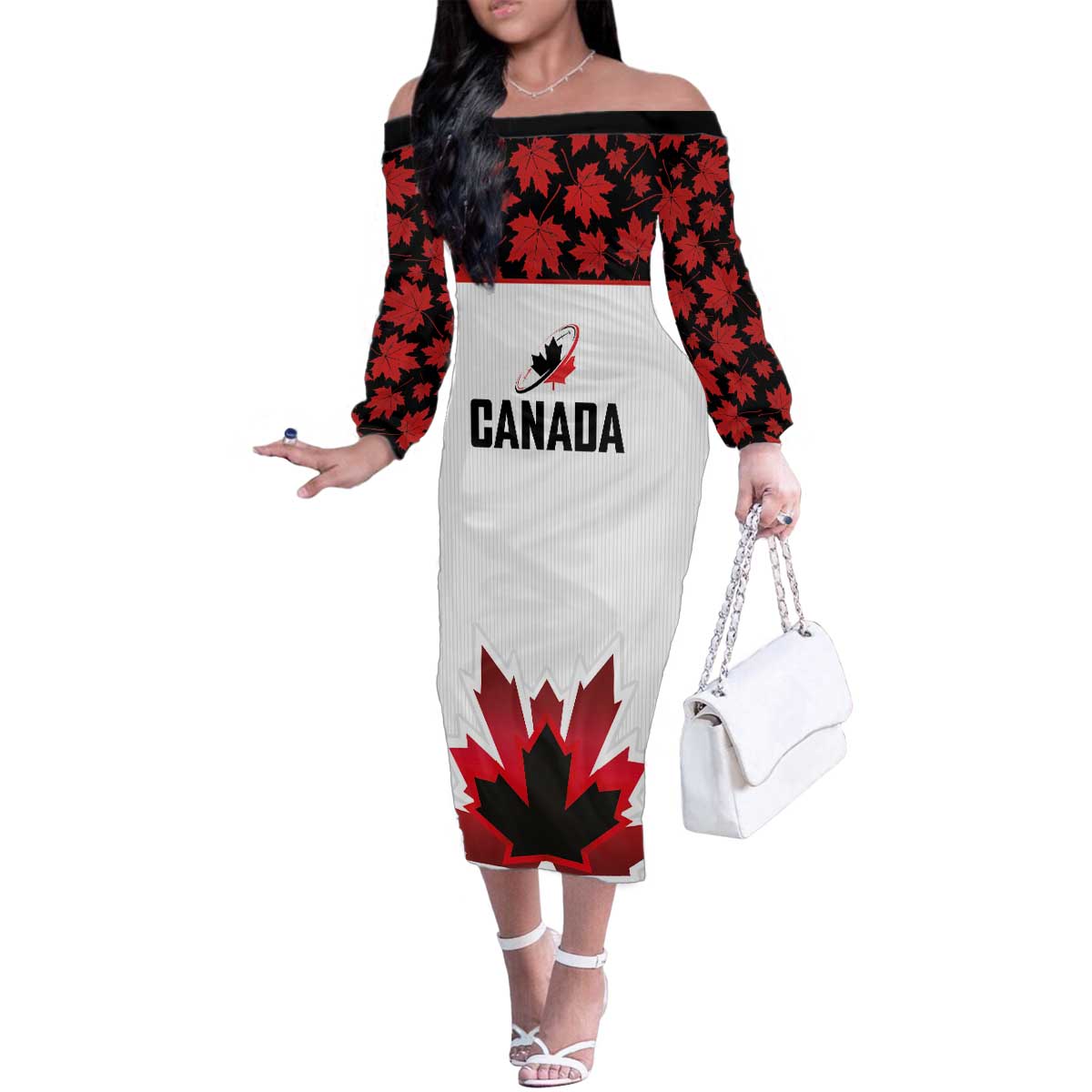 Custom Canadian Rugby Family Matching Off The Shoulder Long Sleeve Dress and Hawaiian Shirt Maple Leaves Sporty Art Style White Color - Wonder Print Shop