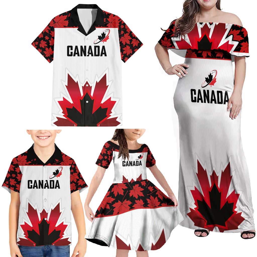 Custom Canadian Rugby Family Matching Off Shoulder Maxi Dress and Hawaiian Shirt Maple Leaves Sporty Art Style White Color - Wonder Print Shop