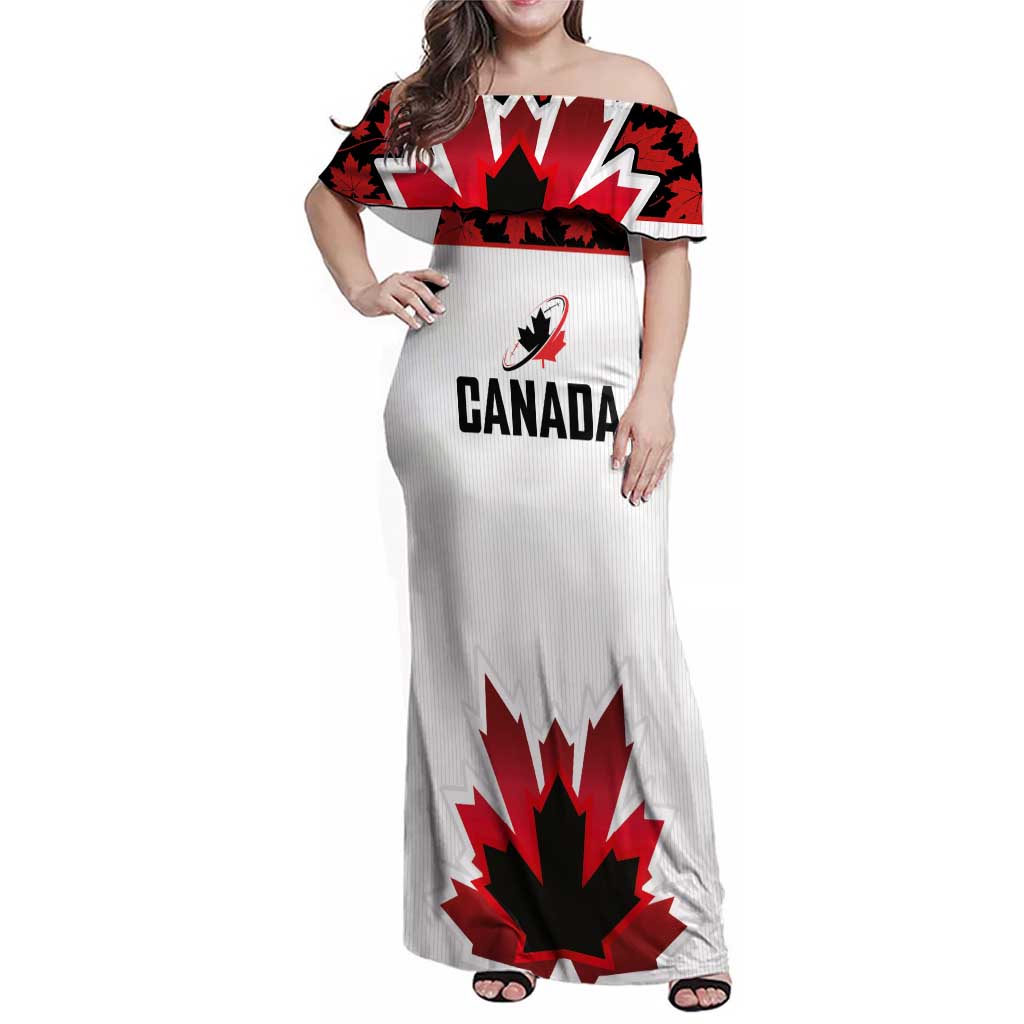 Custom Canadian Rugby Family Matching Off Shoulder Maxi Dress and Hawaiian Shirt Maple Leaves Sporty Art Style White Color - Wonder Print Shop