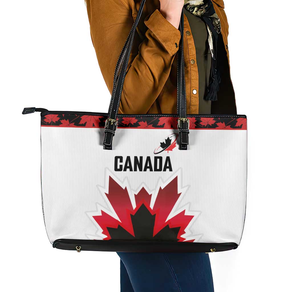 Canadian Rugby Leather Tote Bag Maple Leaves Sporty Art Style White Color - Wonder Print Shop