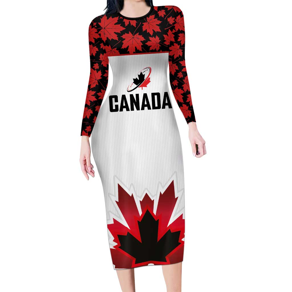 Custom Canadian Rugby Long Sleeve Bodycon Dress Maple Leaves Sporty Art Style White Color - Wonder Print Shop