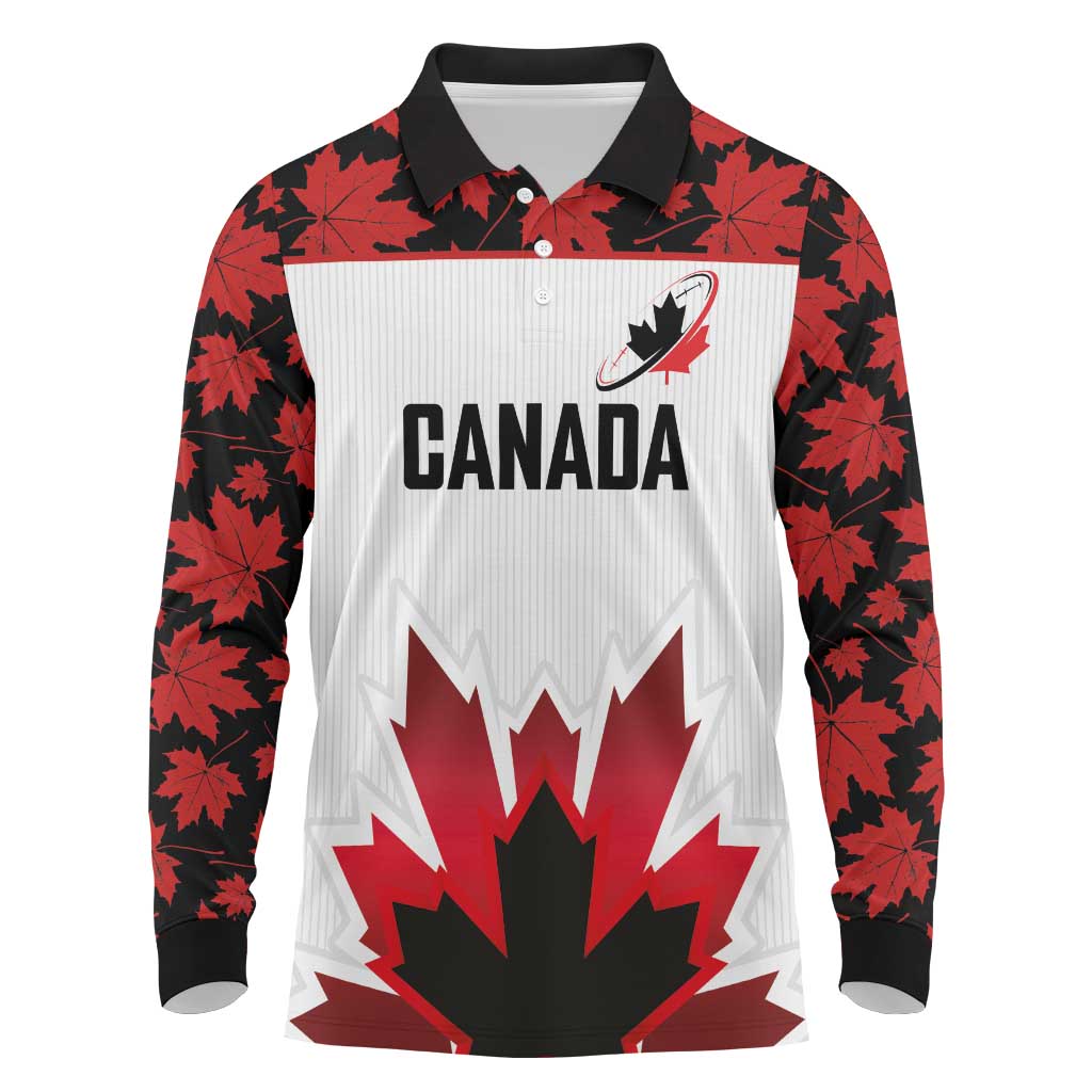 Custom Canadian Rugby Long Sleeve Polo Shirt Maple Leaves Sporty Art Style White Color - Wonder Print Shop