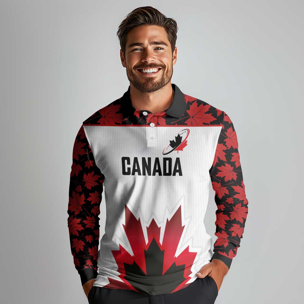 Custom Canadian Rugby Long Sleeve Polo Shirt Maple Leaves Sporty Art Style White Color - Wonder Print Shop