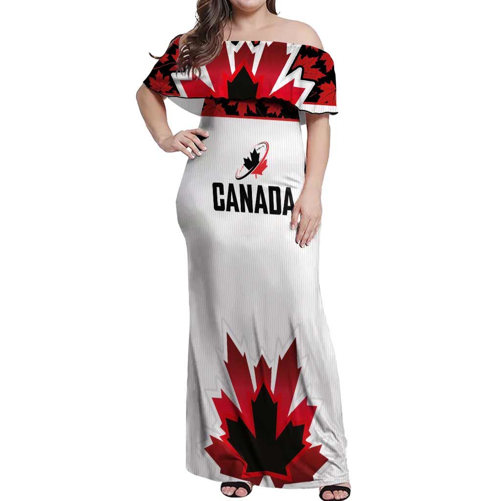 Custom Canadian Rugby Off Shoulder Maxi Dress Maple Leaves Sporty Art Style White Color - Wonder Print Shop