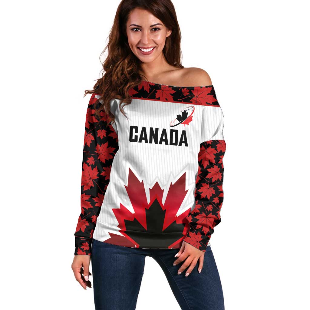 Custom Canadian Rugby Off Shoulder Sweater Maple Leaves Sporty Art Style White Color - Wonder Print Shop