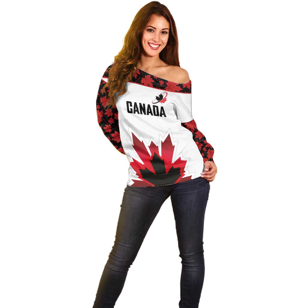 Custom Canadian Rugby Off Shoulder Sweater Maple Leaves Sporty Art Style White Color - Wonder Print Shop
