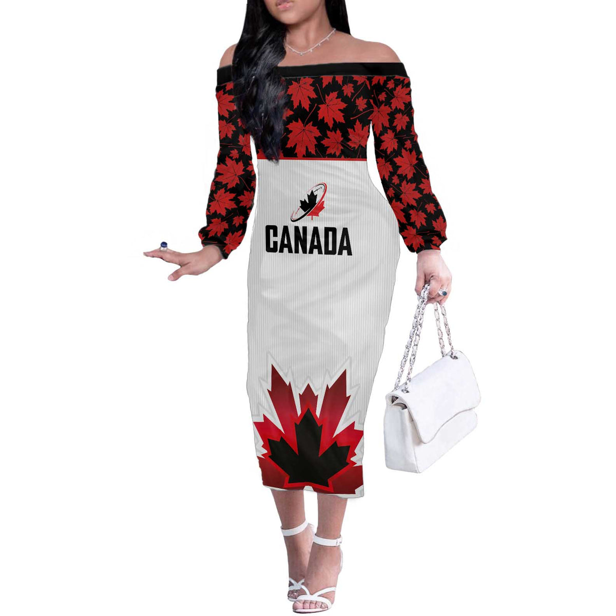 Custom Canadian Rugby Off The Shoulder Long Sleeve Dress Maple Leaves Sporty Art Style White Color - Wonder Print Shop