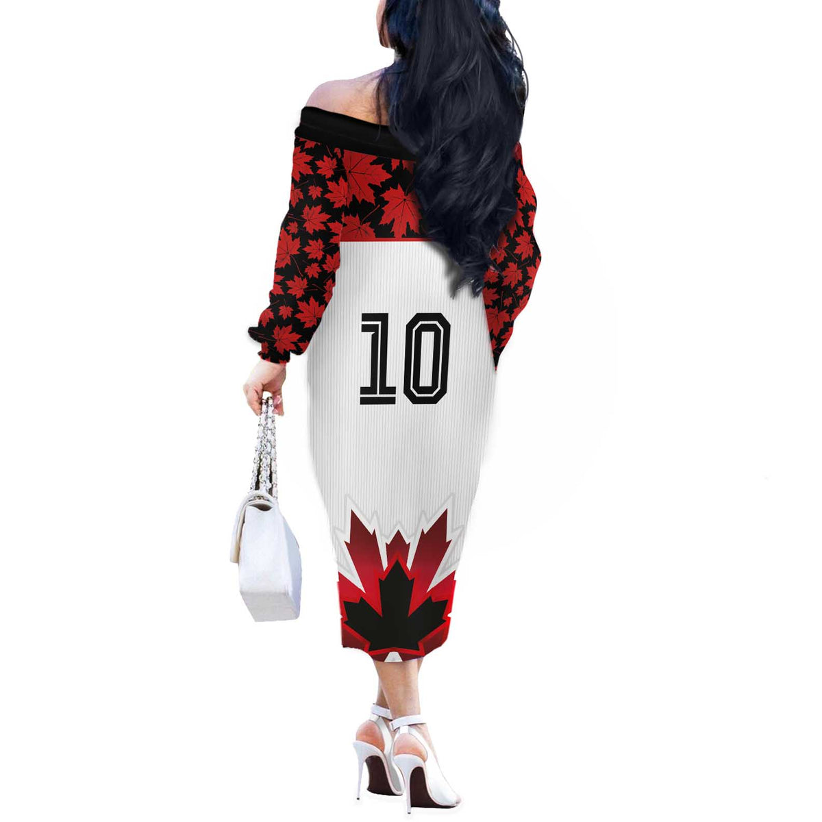 Custom Canadian Rugby Off The Shoulder Long Sleeve Dress Maple Leaves Sporty Art Style White Color - Wonder Print Shop