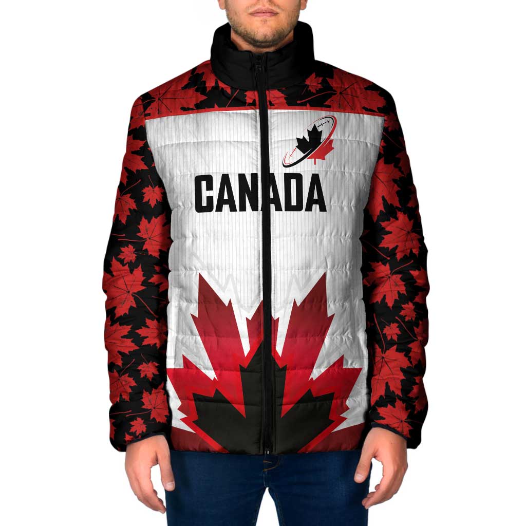 Custom Canadian Rugby Padded Jacket Maple Leaves Sporty Art Style White Color - Wonder Print Shop