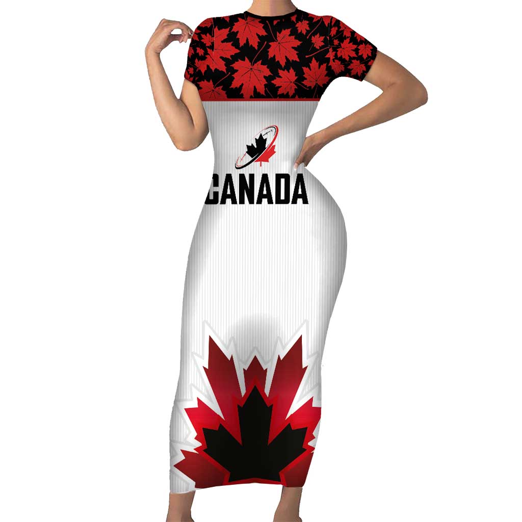 Custom Canadian Rugby Short Sleeve Bodycon Dress Maple Leaves Sporty Art Style White Color - Wonder Print Shop