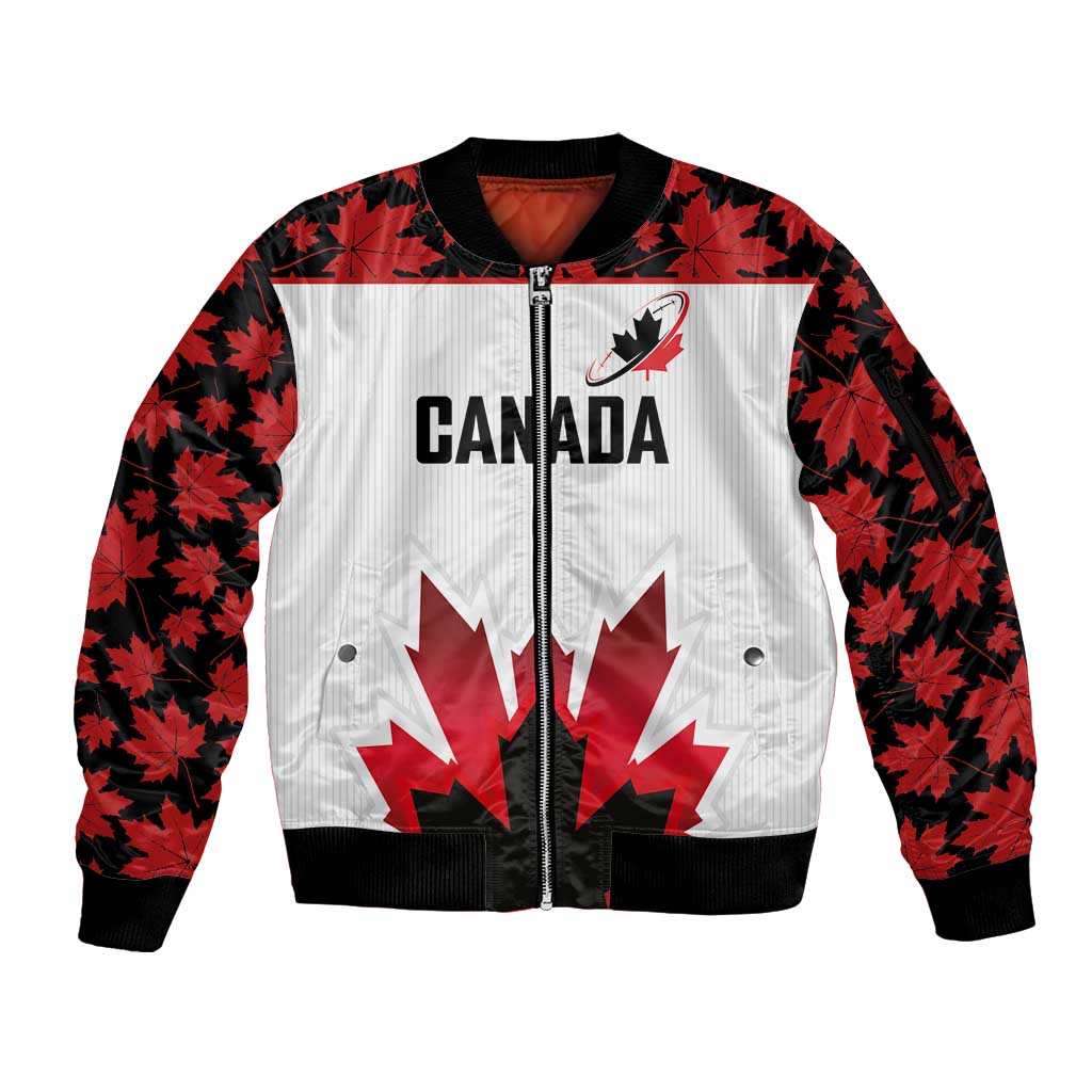 Custom Canadian Rugby Sleeve Zip Bomber Jacket Maple Leaves Sporty Art Style White Color - Wonder Print Shop