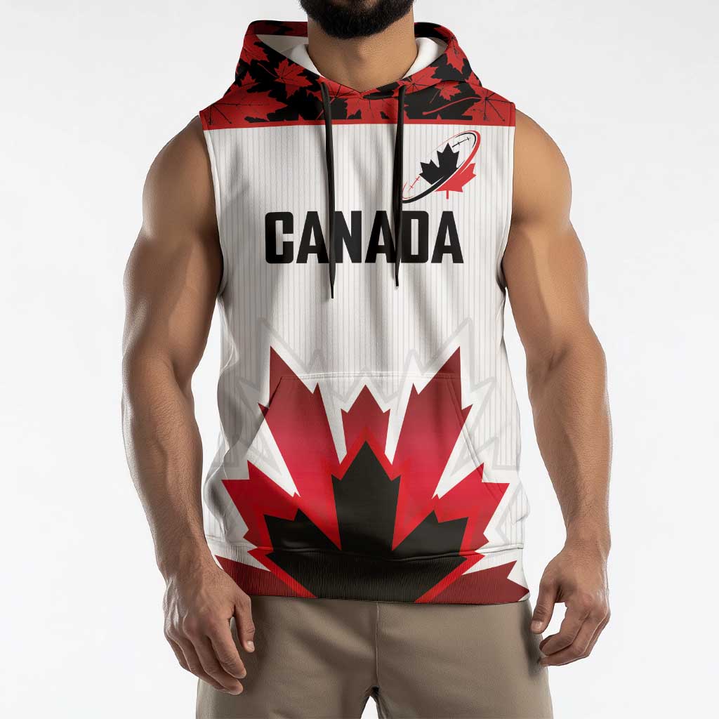 Custom Canadian Rugby Sleeveless Hoodie Maple Leaves Sporty Art Style White Color - Wonder Print Shop