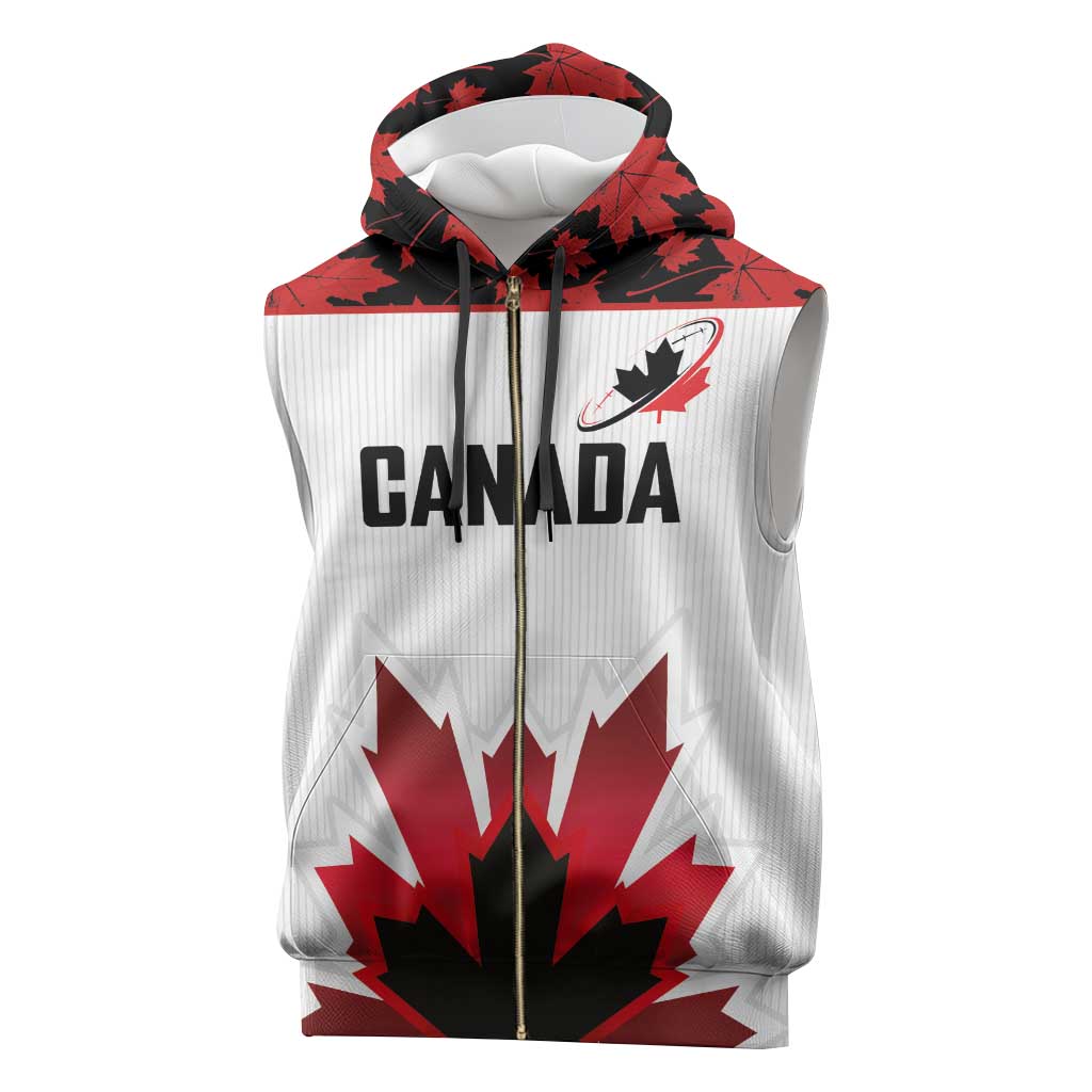 Custom Canadian Rugby Sleeveless Zip Hoodie Maple Leaves Sporty Art Style White Color - Wonder Print Shop