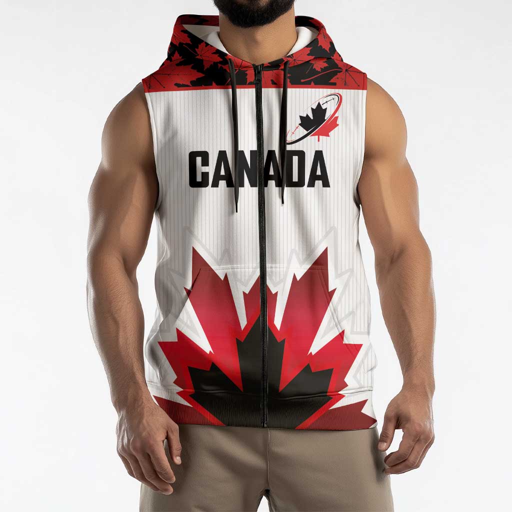 Custom Canadian Rugby Sleeveless Zip Hoodie Maple Leaves Sporty Art Style White Color - Wonder Print Shop