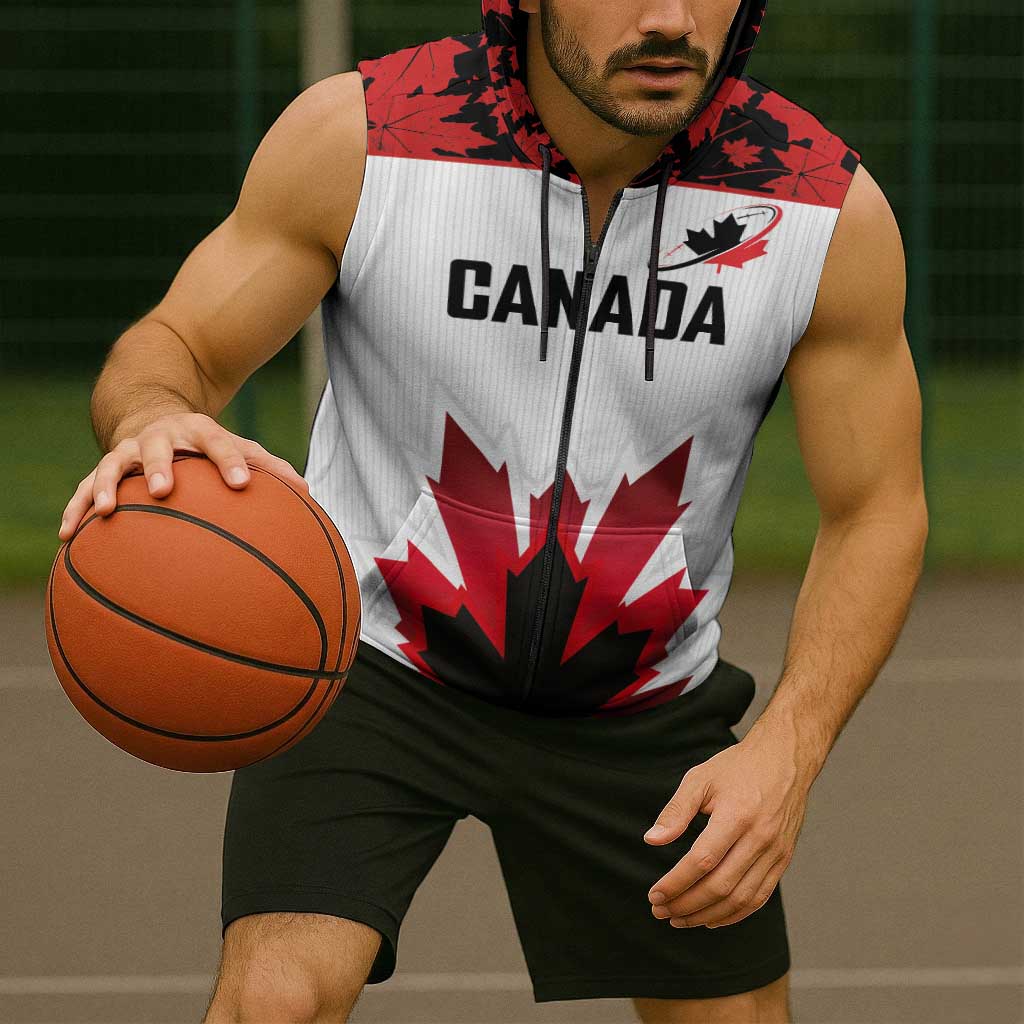 Custom Canadian Rugby Sleeveless Zip Hoodie Maple Leaves Sporty Art Style White Color - Wonder Print Shop