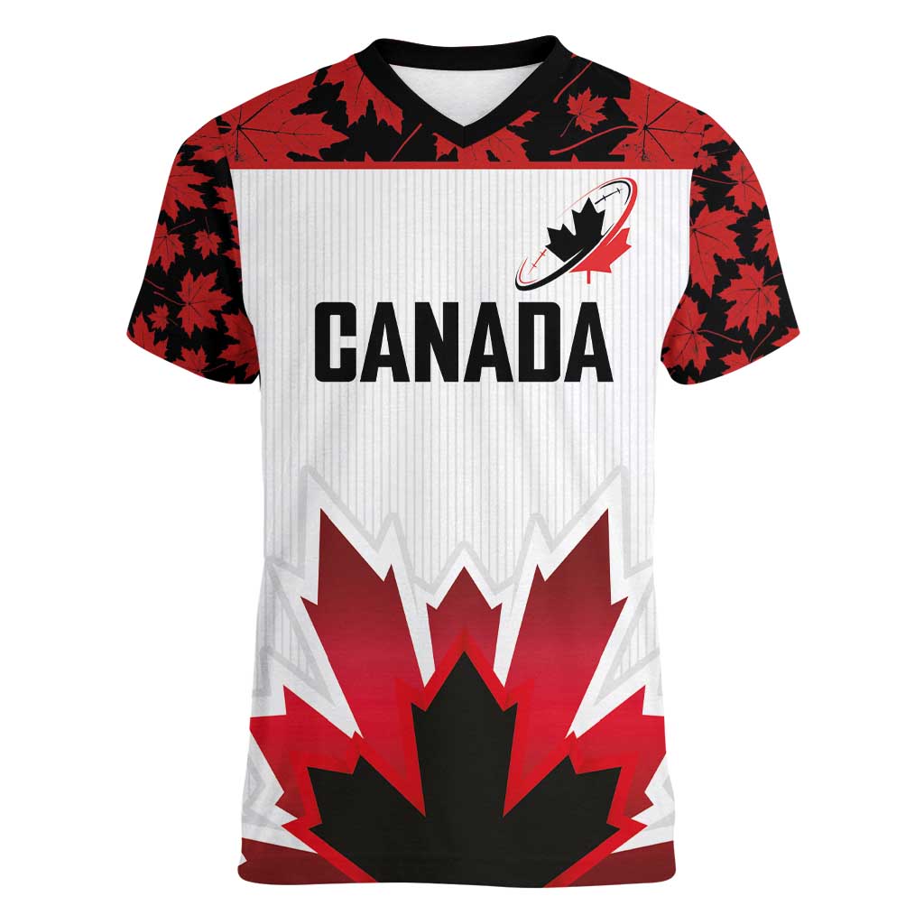 Custom Canadian Rugby Women V-Neck T-Shirt Maple Leaves Sporty Art Style White Color - Wonder Print Shop