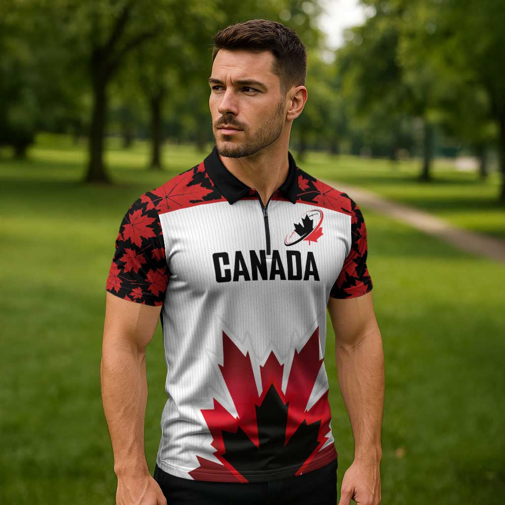 Custom Canadian Rugby Zipper Polo Shirt Maple Leaves Sporty Art Style White Color - Wonder Print Shop