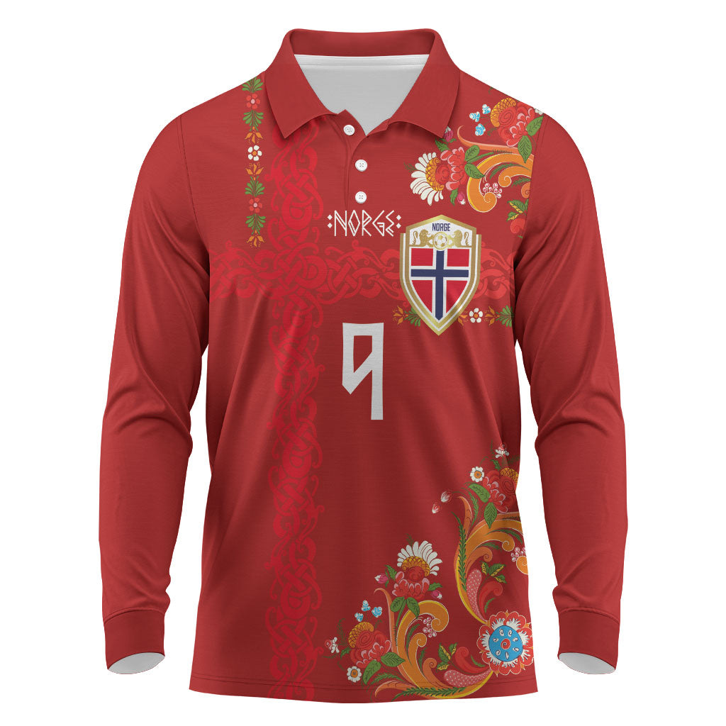 Custom Norway Football Long Sleeve Polo Shirt Norge Viking and Rosemaling Ornament