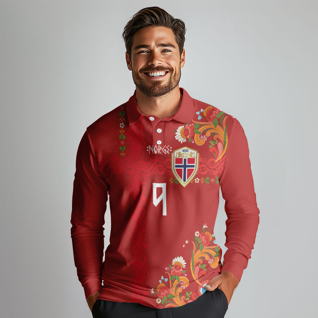 Custom Norway Football Long Sleeve Polo Shirt Norge Viking and Rosemaling Ornament