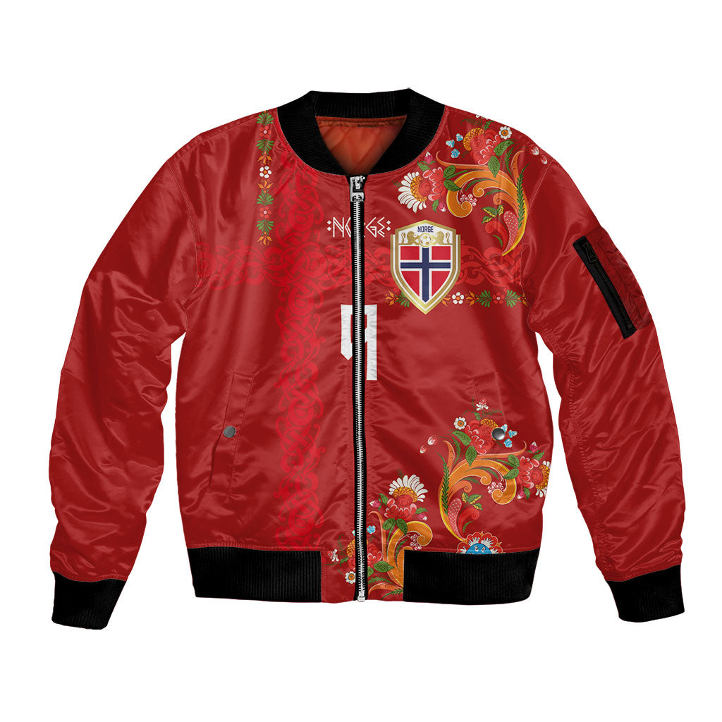 Custom Norway Football Sleeve Zip Bomber Jacket Norge Viking and Rosemaling Ornament