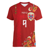 Custom Norway Football Women V-Neck T-Shirt Norge Viking and Rosemaling Ornament