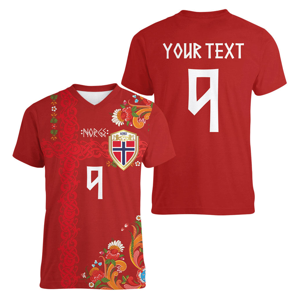 Custom Norway Football Women V-Neck T-Shirt Norge Viking and Rosemaling Ornament