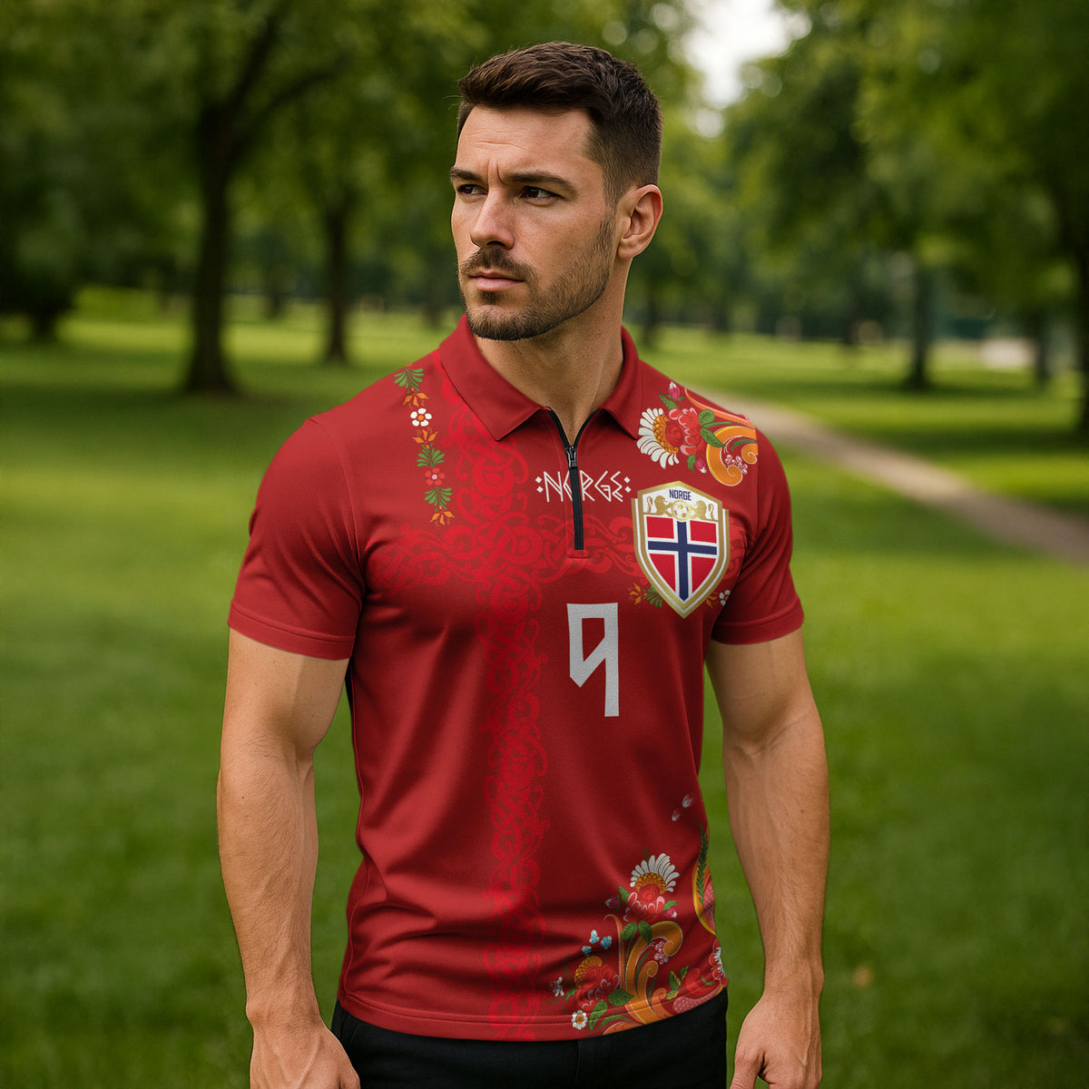 Custom Norway Football Zipper Polo Shirt Norge Viking and Rosemaling Ornament