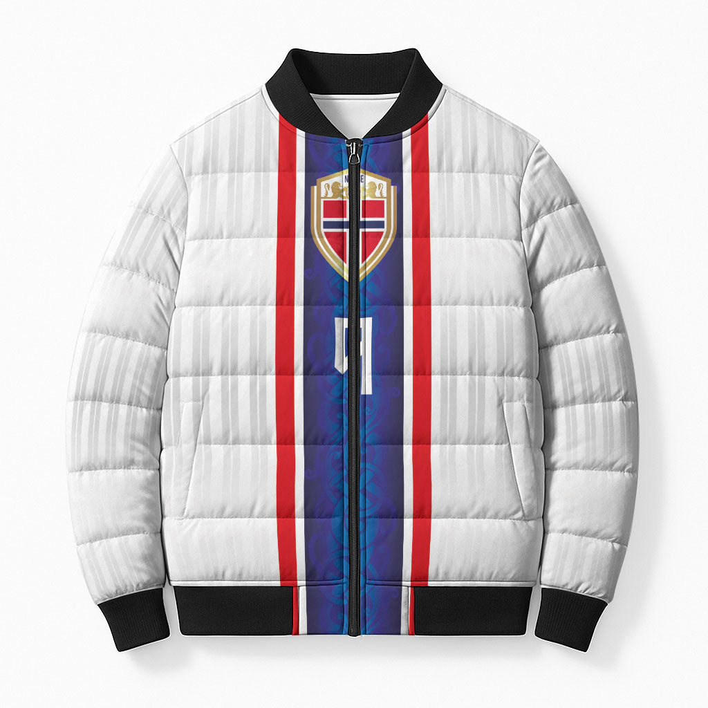 Custom Norway Football Bomber Puffer Jacket Norge Viking Ornament Vertical Stripe Sporty Style