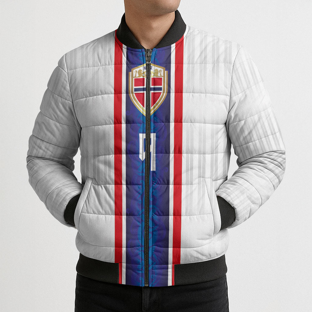 Custom Norway Football Bomber Puffer Jacket Norge Viking Ornament Vertical Stripe Sporty Style
