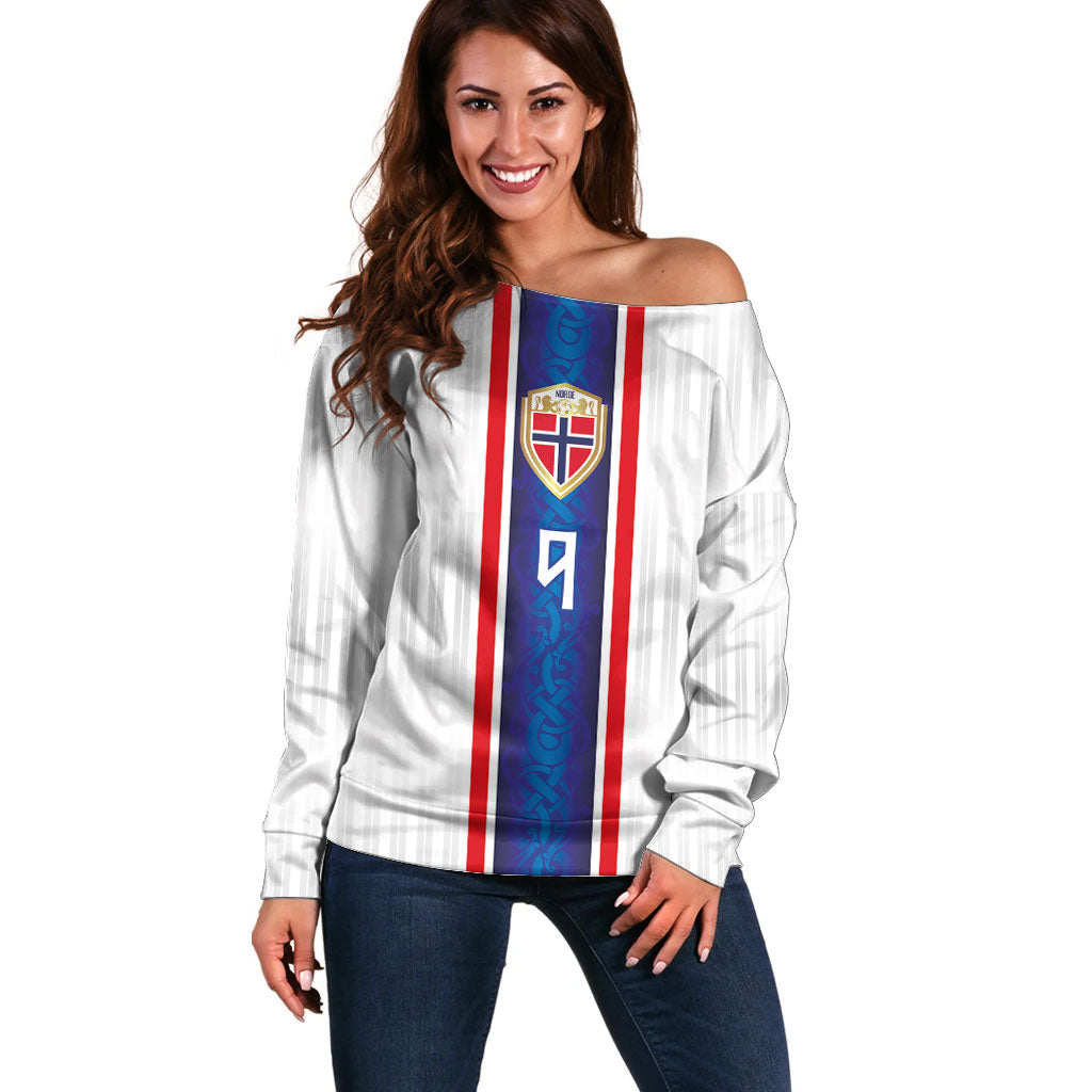 Custom Norway Football Off Shoulder Sweater Norge Viking Ornament Vertical Stripe Sporty Style