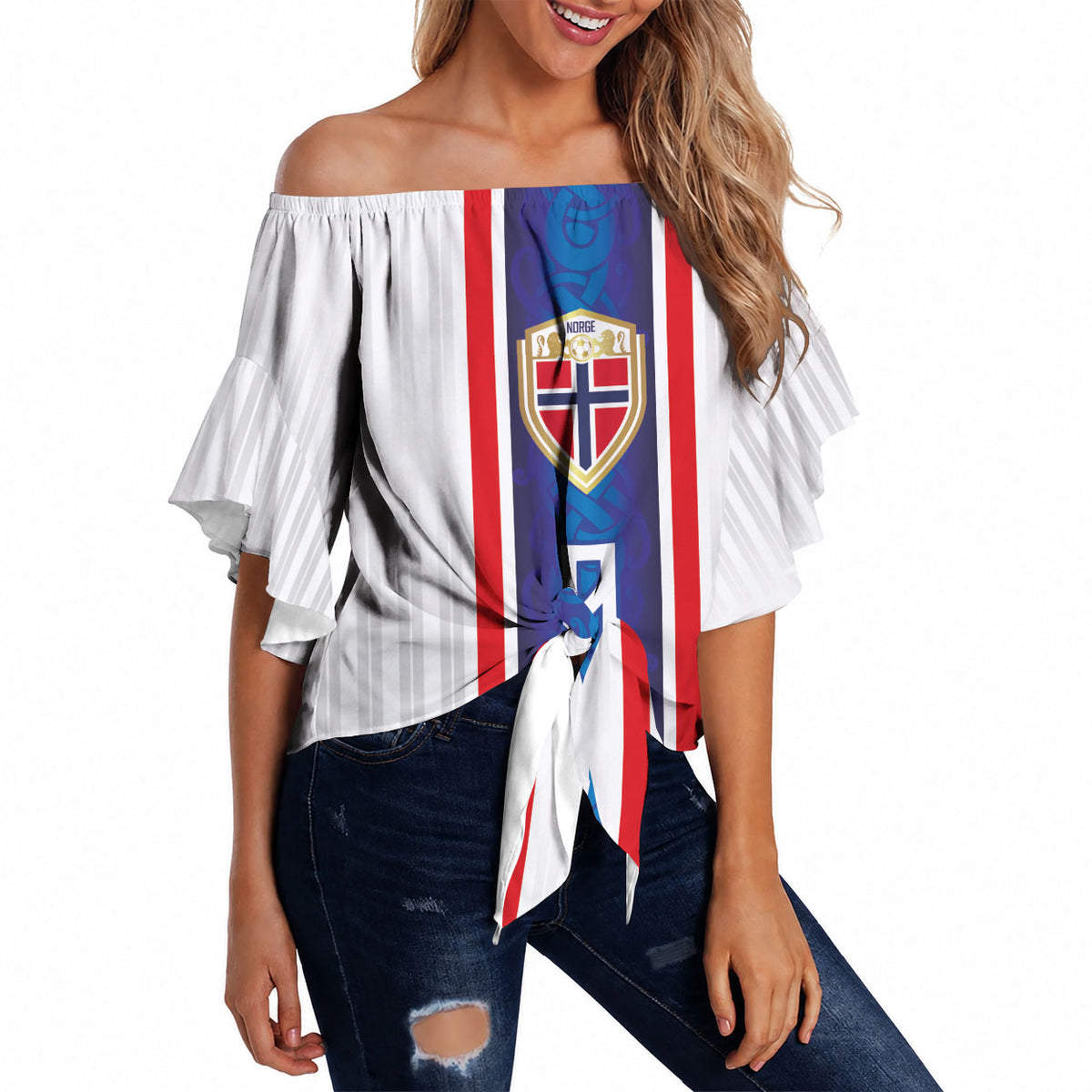 Custom Norway Football Off Shoulder Wrap Waist Top Norge Viking Ornament Vertical Stripe Sporty Style