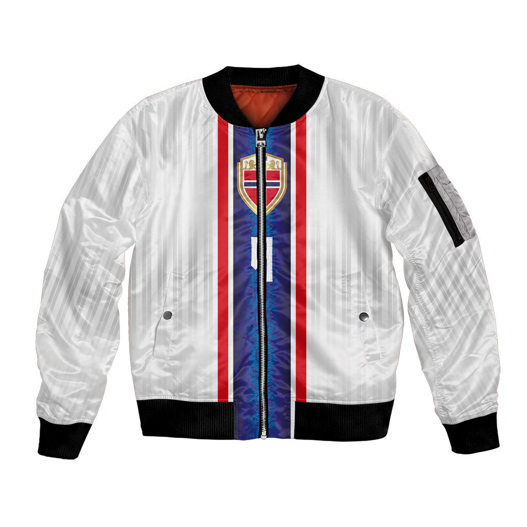 Custom Norway Football Sleeve Zip Bomber Jacket Norge Viking Ornament Vertical Stripe Sporty Style