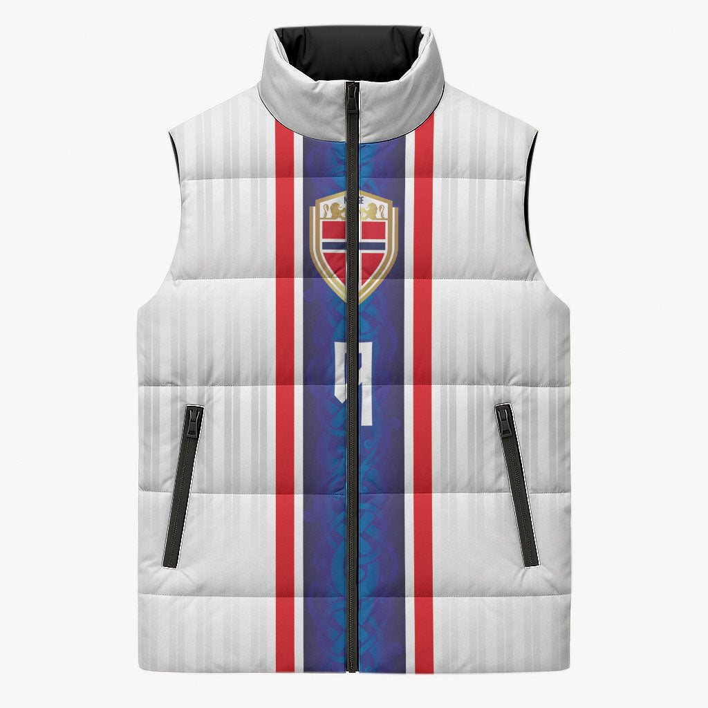 Custom Norway Football Sleeveless Puffer Jacket Norge Viking Ornament Vertical Stripe Sporty Style
