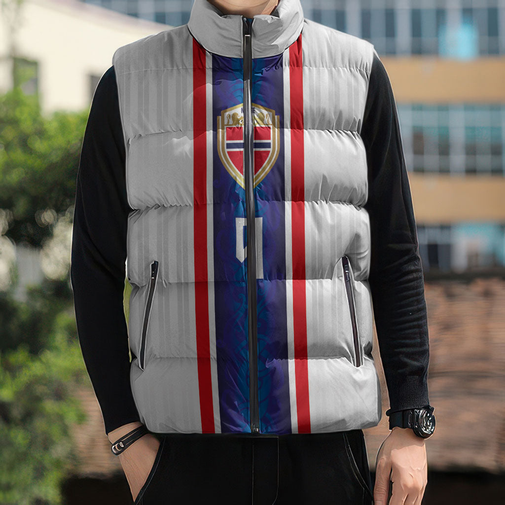 Custom Norway Football Sleeveless Puffer Jacket Norge Viking Ornament Vertical Stripe Sporty Style