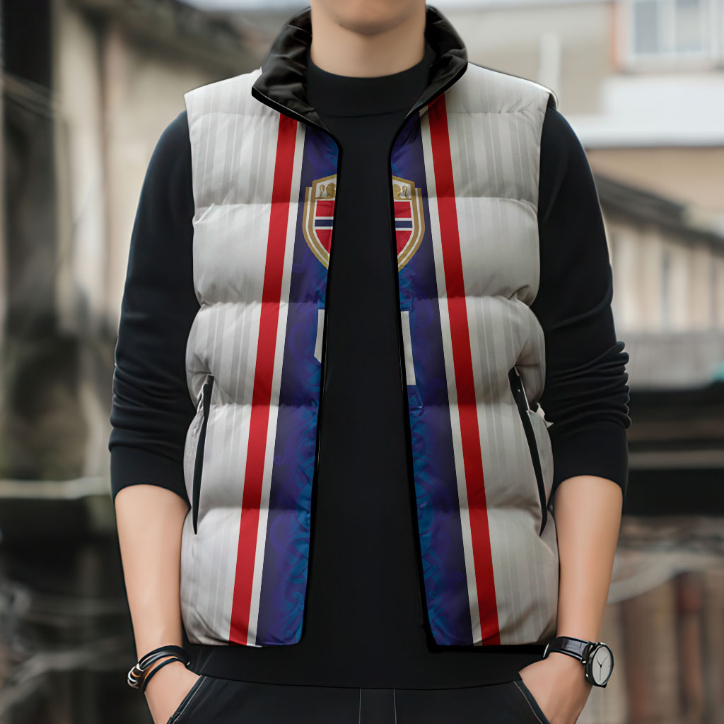 Custom Norway Football Sleeveless Puffer Jacket Norge Viking Ornament Vertical Stripe Sporty Style