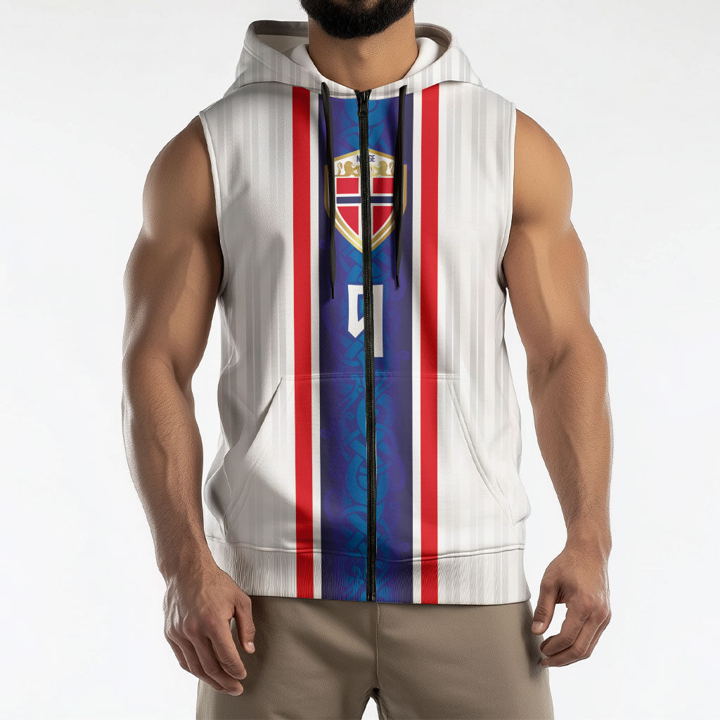 Custom Norway Football Sleeveless Zip Hoodie Norge Viking Ornament Vertical Stripe Sporty Style