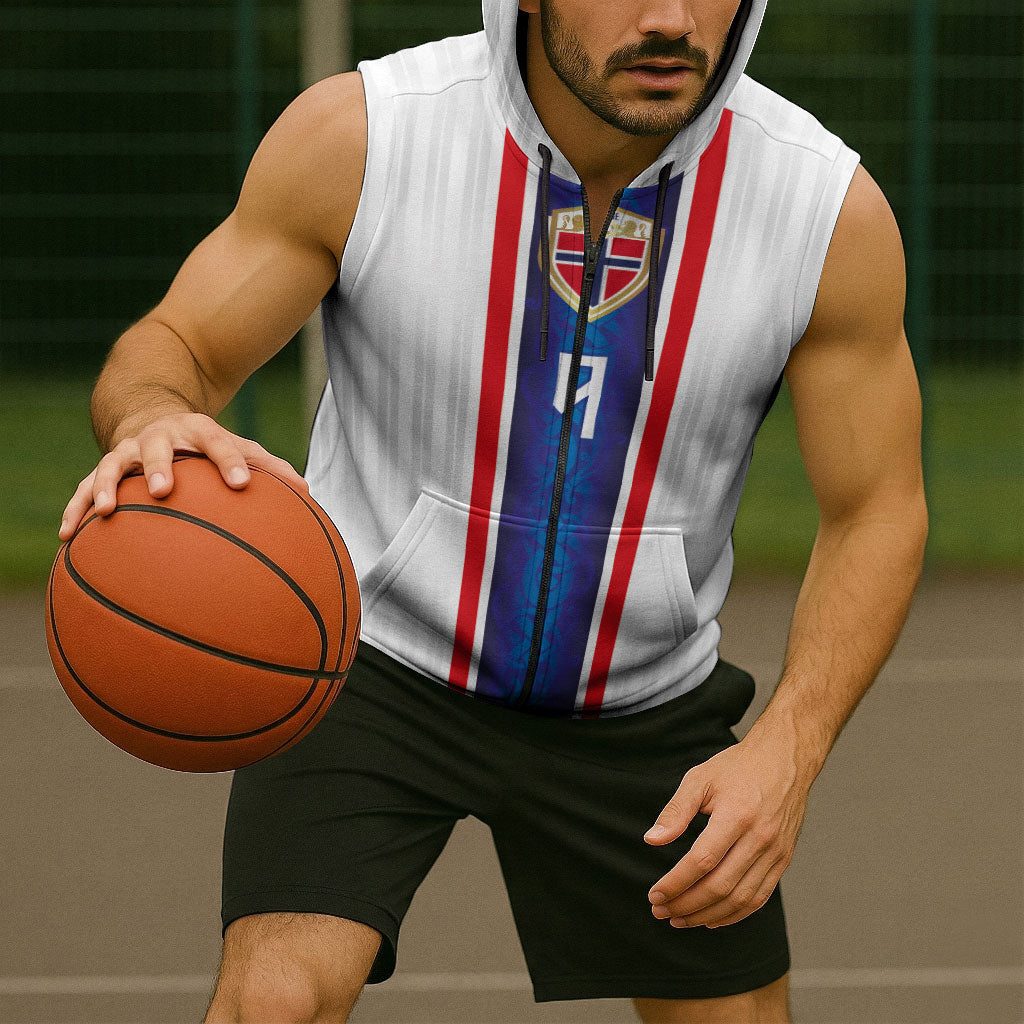 Custom Norway Football Sleeveless Zip Hoodie Norge Viking Ornament Vertical Stripe Sporty Style
